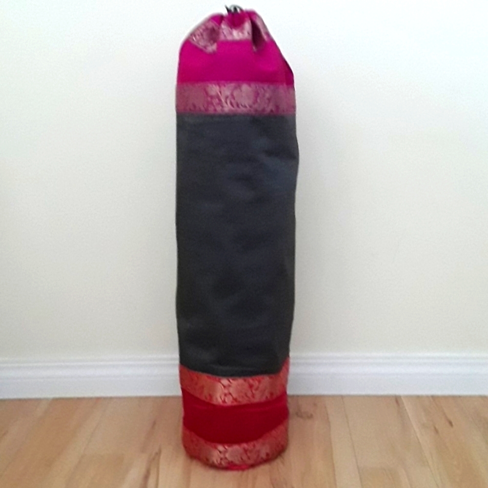 FUSCHIA AND GRAY SILK YOGA MAT BAG